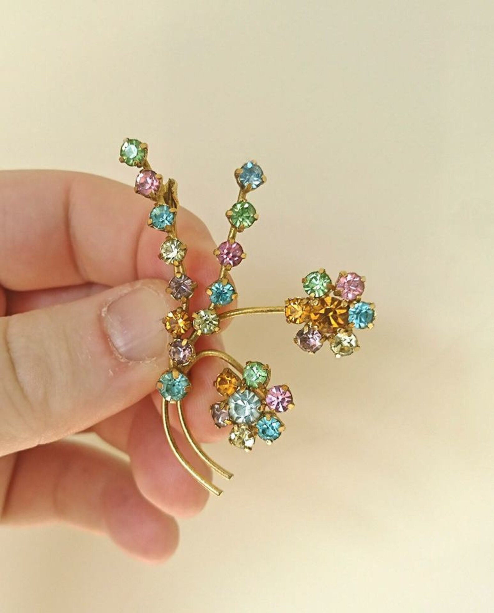 Vintage Bouquet Brooch Colourful Rhinestone Wire Brooch Etsy