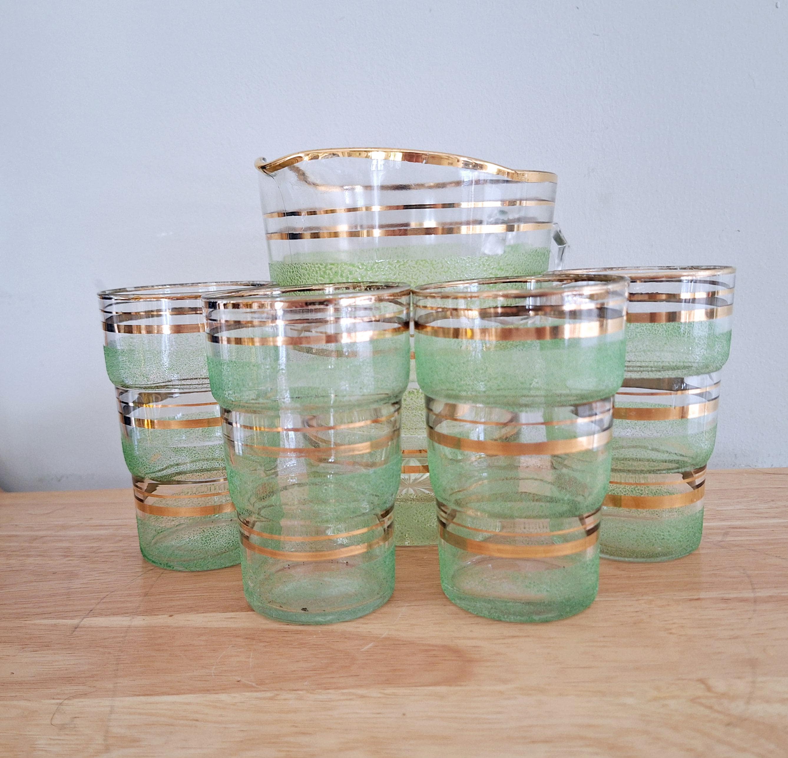 Vintage Mid-Century Gold and Green Striped Glass Drinkware Set with Pitcher  - Retro 4 Glasses & Pitcher, 1960s Barware, Regency Cocktail Set