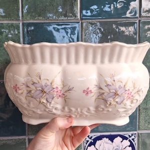 Vintage Olde Staffordshire Pottery Planter, Floral Ceramic Jardiniere, Handcrafted England Vase, Cottagecore Decorative Plant Pot