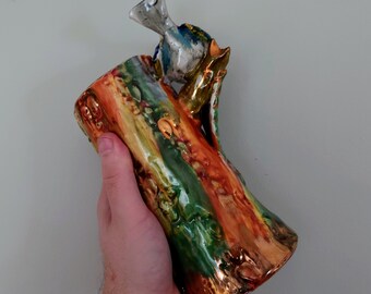 [イタリア製] ヴィンテージ　マジョルカ　陶器花瓶 ヴィンテージ花瓶 マジョリカセラミック 光沢 鳥花瓶 イタリア マーク