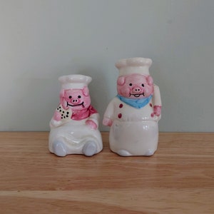 Vintage Chief Pig Pink Salt and Pepper Shakers Cruet Set Novelty Shakers Collectible Kitchenalia Pottery Tableware Dispensers image 3