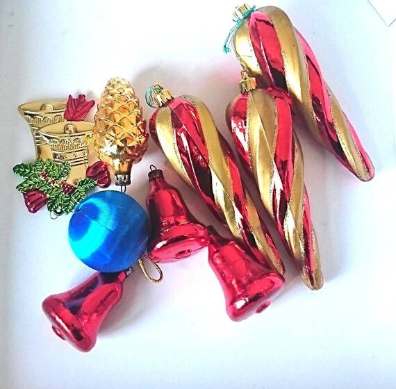 Vintage Bauble Job Lot Christmas Decorations Red Glass Bells Etsy