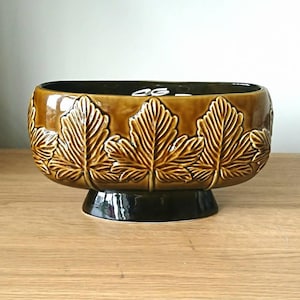 Könnte beinhalten: Eine braune Keramikschale mit einem erhabenen Blattdesign. Die Schale hat eine breite, ovale Form und einen schwarzen Boden.