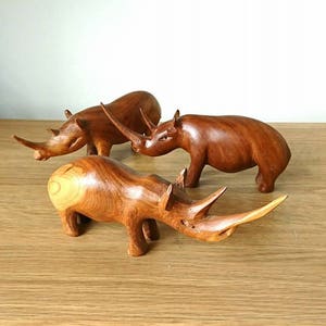 Vintage Rhino Hand Carved Figurine Wooden Treen Rhinoceros African Figurine Teak African Home Decor Kenya Set x3