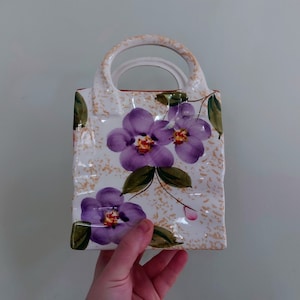 Vintage Keramik Kruka Växtkruka Inomhus Kruka Handväska Kruka Blomkruka Väska Blommor Kitsch Blommor Keramik Stengods Bestickhållare