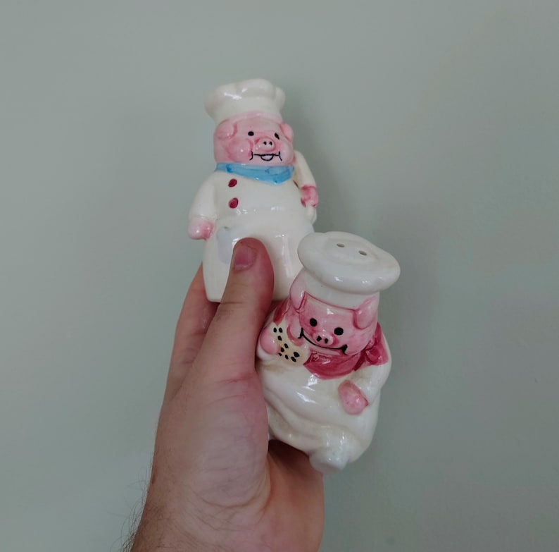Vintage Chief Pig Pink Salt and Pepper Shakers Cruet Set Novelty Shakers Collectible Kitchenalia Pottery Tableware Dispensers image 1