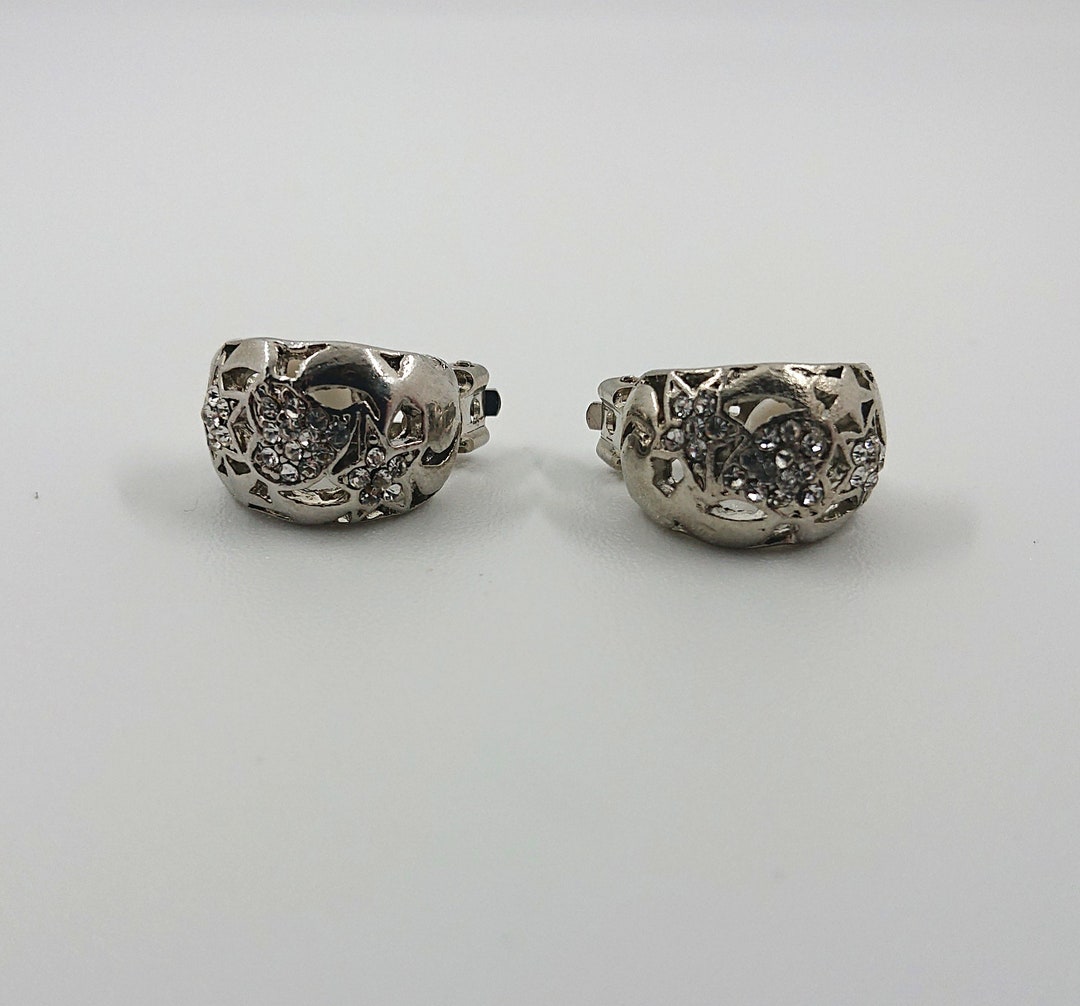 Vintage Silver Clip on Earrings Diamond Rhinestone Costume Jewellery ...
