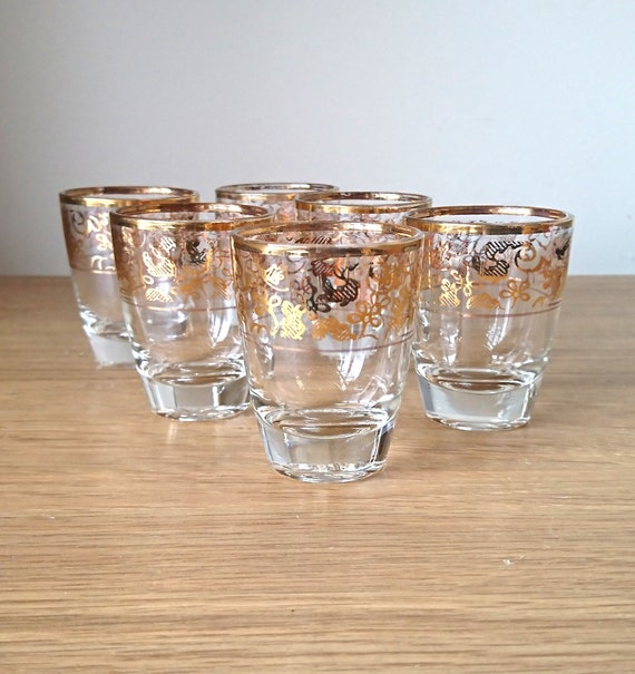 Vintage Shot Glasses Gold Gilt Rim Retro Barware Set Of 6 Gold Etsy