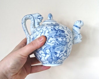 Vintage Blue and White Chinese Dragon Teapot, Hand-Painted Porcelain