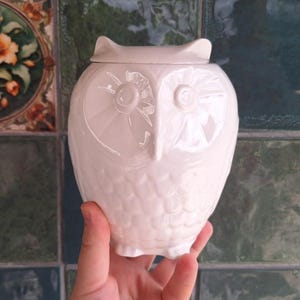 May include: A white ceramic owl-shaped container with a lid. The container has embossed details, including feather-like textures and facial features. The owl is held in a hand against a backdrop of green and floral tiles.