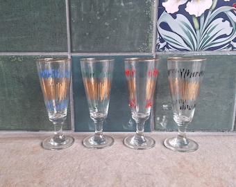 Set of 4 Vintage Champagne Flutes with Gold & Coloured Geometric Design, Retro Cocktail Glasses