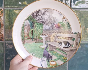 Vintage Franklin Porcelain February Plate David Howell Garden Year Collection Cat Garden Scene 1986