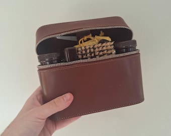 Vintage 1950s 1960s Gentleman's Travel Grooming Set Brown Zip Case Shaving Brush Comb Clothes Brush Toiletry Vanity Kit