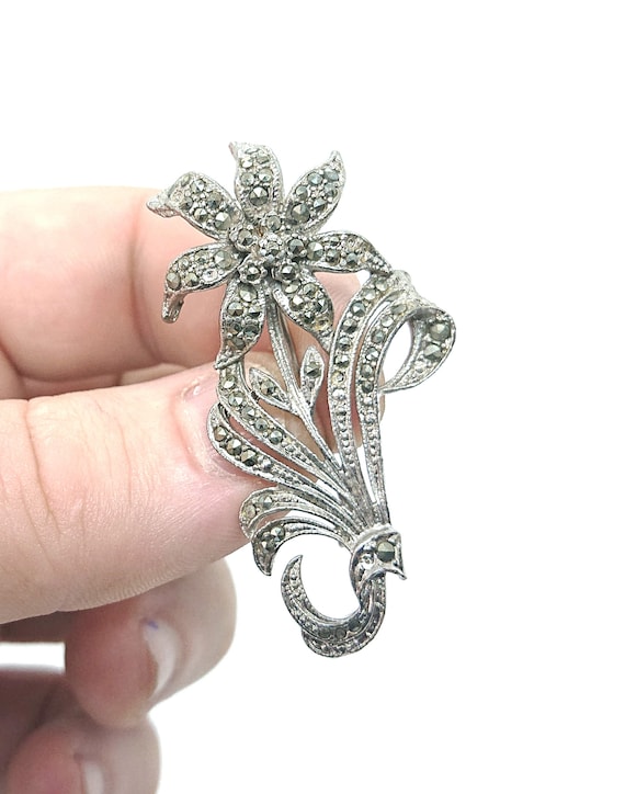 Vintage Silver Marcasite Floral Brooch Pin Costume Jewellery
