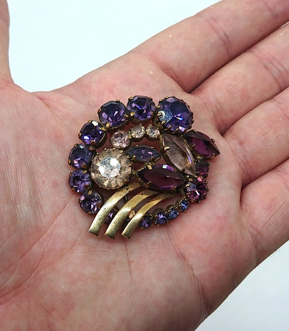 Vintage Diamante Brooch Purple Faux Amethyst and Pink Rose Quartz