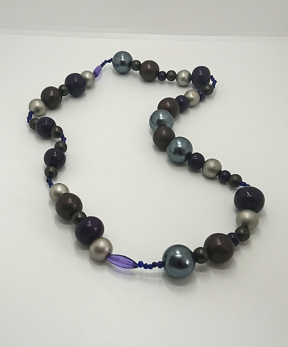 Vintage Chunky Round Beaded Necklace Blue, Silver 