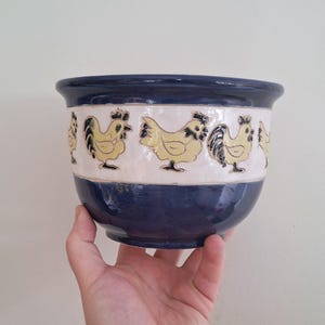 Handcrafted Ceramic Rooster Planter | Blue and Yellow Chicken-Themed Decorative Pot | Farmhouse Style Pottery | Vintage Ceramic Plant Pot