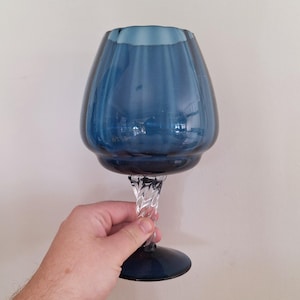 Vintage Handblown Blue Glass Goblet with Twisted Clear Stem - 1960s Art Glass, Statement Display Piece