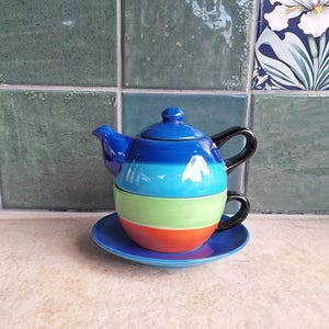 Whittard of Chelsea Tea for One Set, Colourful Striped Teapot Cup Saucer, Stacking Teaset, Modern Ceramic Teaware