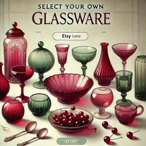 May include: A collection of vintage glassware in various shapes and sizes, including a bowl, a vase, a jug, and several glasses. The glassware is in shades of red and green, and some pieces have intricate designs. The image also includes a bowl of red cherries and two spoons.
