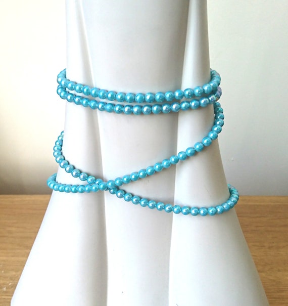 Vintage Lucite Blue Beaded Necklace Long Double Lo