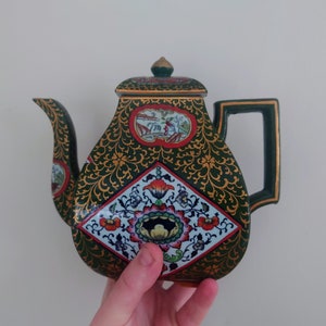 Vintage orientalisk grön röd guld mönster tekanna nyhet dekorativ ornamental keramisk tekanna kinesisk design handmålad asiatisk te