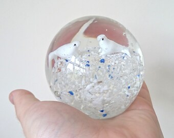 Vintage Round Novelty Paperweight Winter Scene Pair of Seels Glass Paperweight, Winter festive Christmas collectors glass