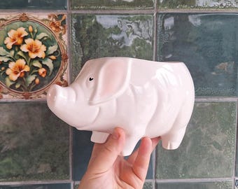 Large White Ceramic Pig Planter – Cute Animal Shaped Indoor Plant Pot – Glossy Farmhouse Decor
