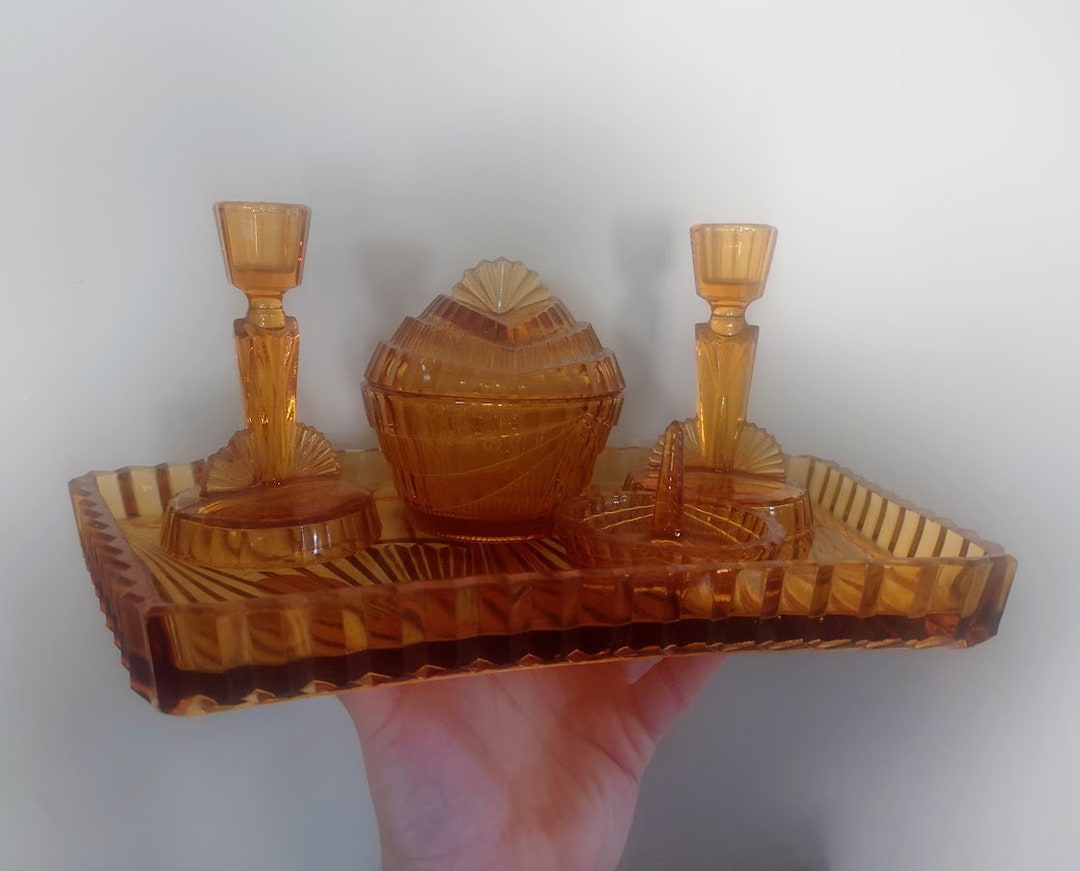 Art Deco Glass Dressing Table Set Amber Dish, Candle Holders Vintage Vanity Tray, Dressing Room