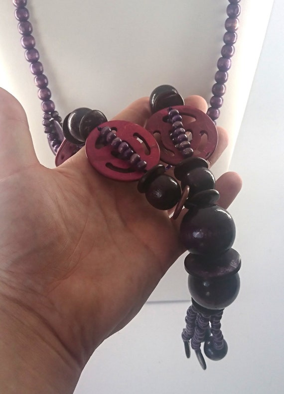 Vintage Necklace Large Chunky Purple Wooden Beade… - image 2