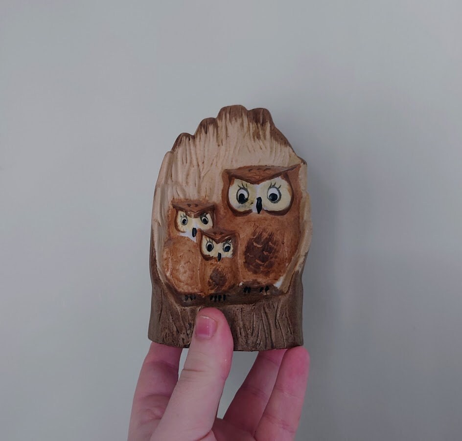 Vintage Owl Figurine Bird Ornament Brown Hoot Owl Ceramic Owl and Chick Barn Owl Kitsch