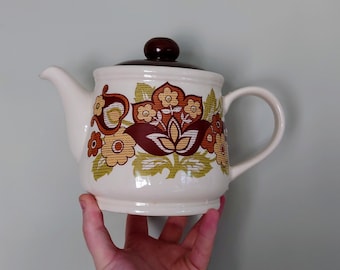 Vintage Teapot Retro Brown Floral Ceramic 1970's Brown 1970's Retro Earthenware Saddler Teapot Novelty Decorative Kitsch Retro Teapot