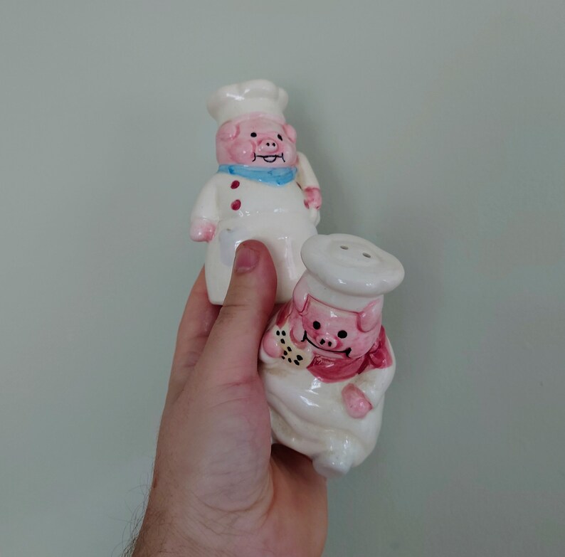 Vintage Chief Pig Pink Salt and Pepper Shakers Cruet Set Novelty Shakers Collectible Kitchenalia Pottery Tableware Dispensers image 5
