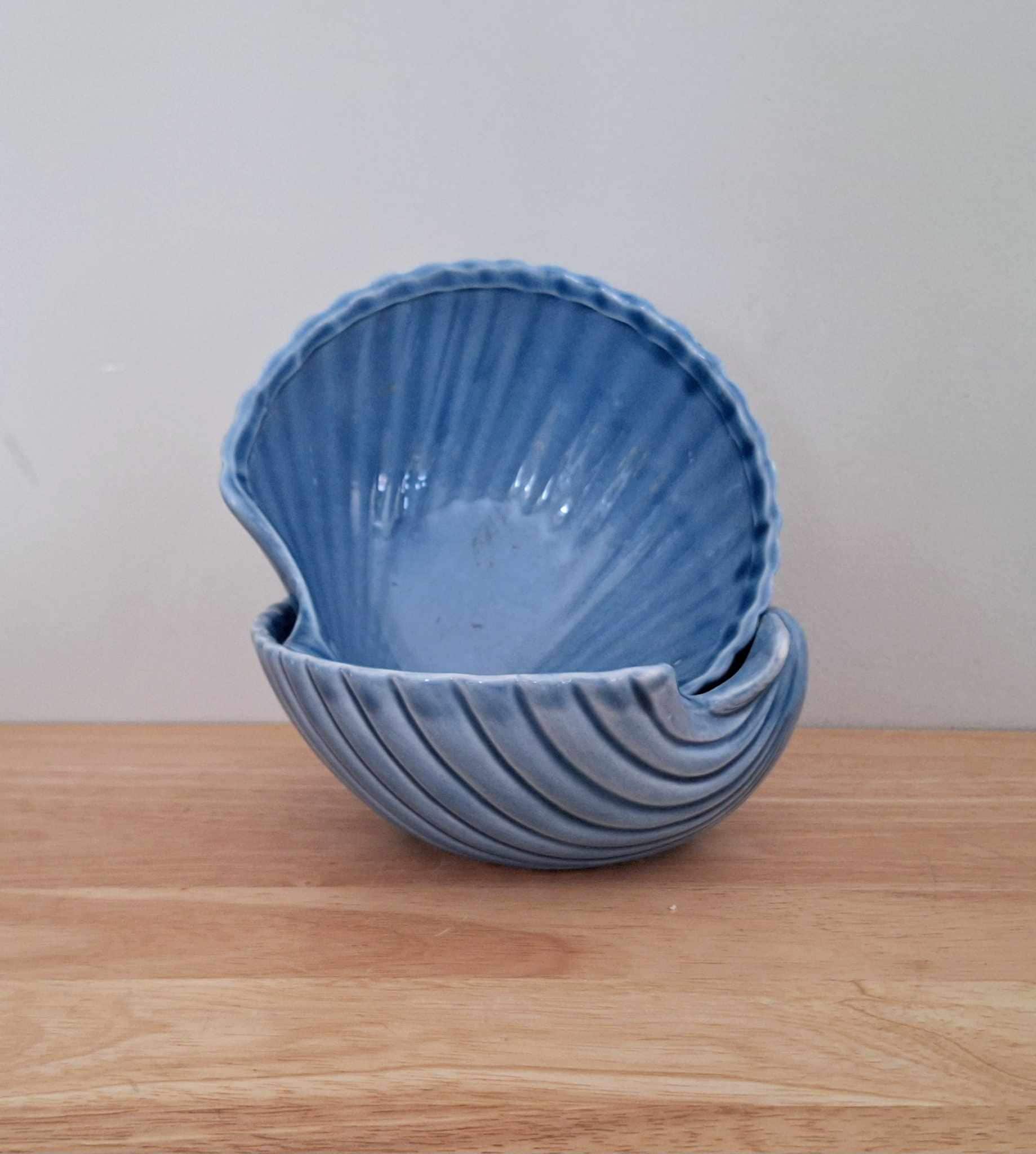 ヴィンテージブルーの貝殻セラミック皿2枚セット - 航海用の貝殻型