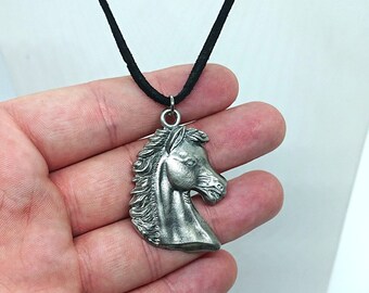 Vintage Pewter Horse Pendant Necklace Silver Costume Jewellery Jewelry