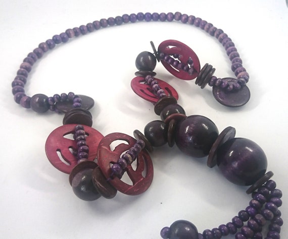 Vintage Necklace Large Chunky Purple Wooden Beade… - image 4