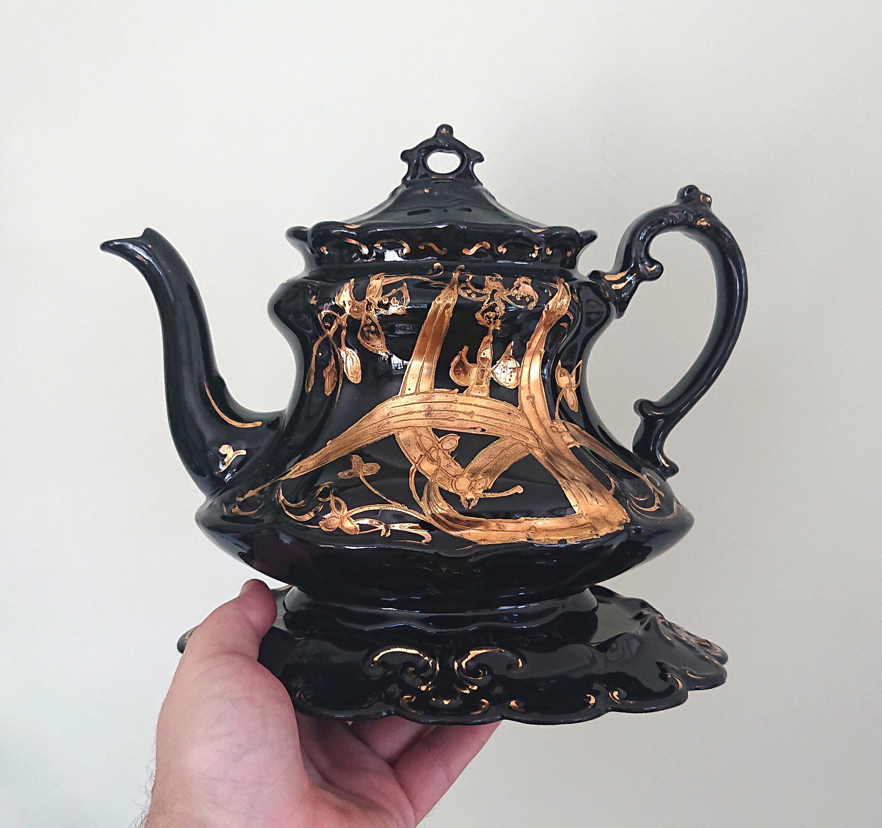 Antique English Victorian Black and Gold Teapot With Stand
