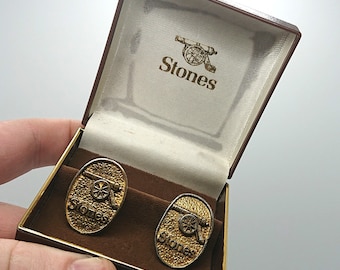 Vintage Stones Gold Cufflinks Original Box Vintage 1970's Cuff Links Silver Tone Metal Costume Jewellery Gift for Him