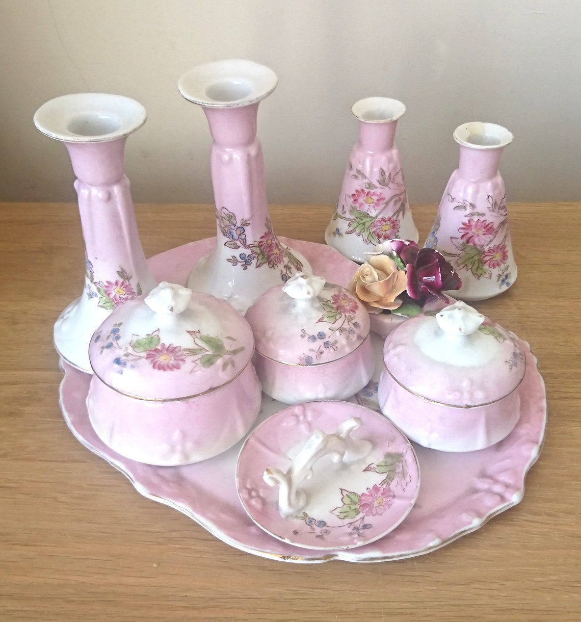 Vintage Ceramic Dressing Table Set Floral 11 Piece Set Pink Etsy