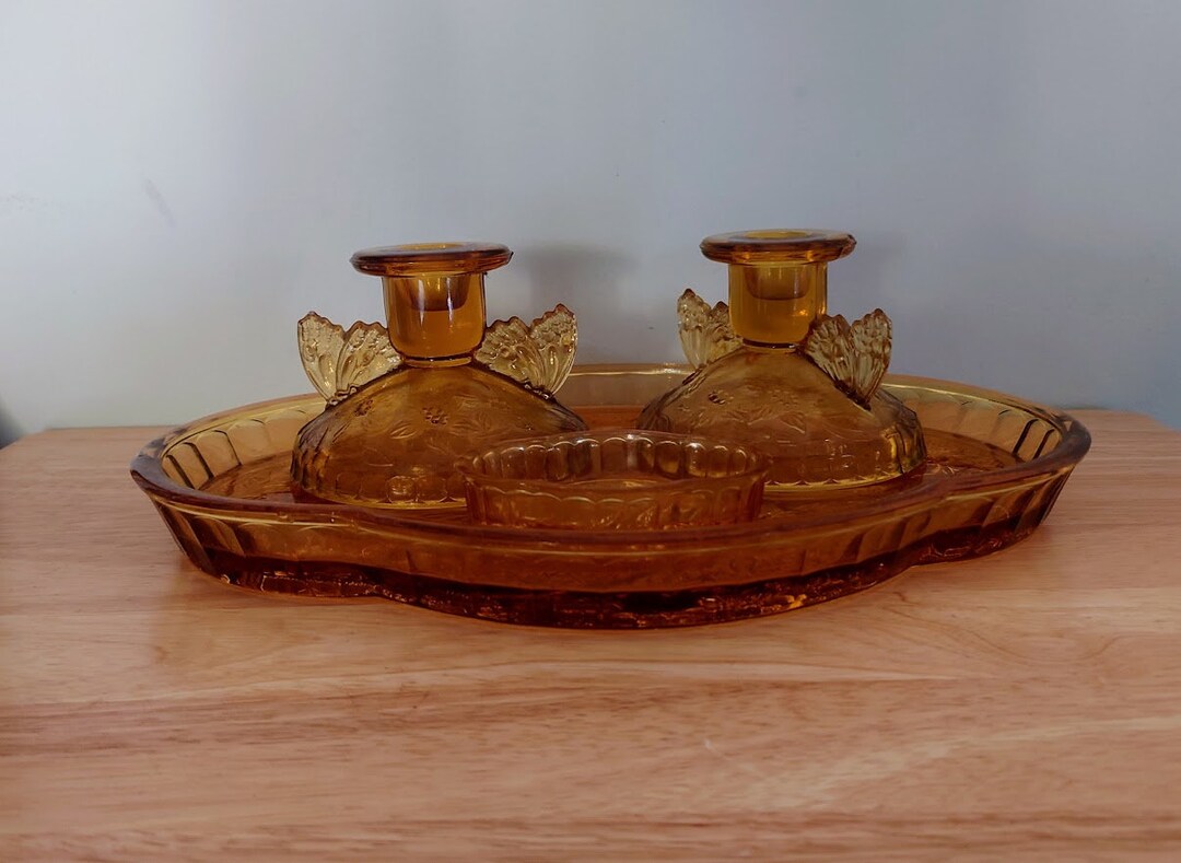 Art Deco Glass Dressing Table Set Butterfly Amber Dish, Candle Holders Vintage Vanity Tray