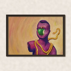 May include: A painting of a person with a purple torso and a green apple covering their mouth. A yellow snake wraps around their neck. The background is a light orange.