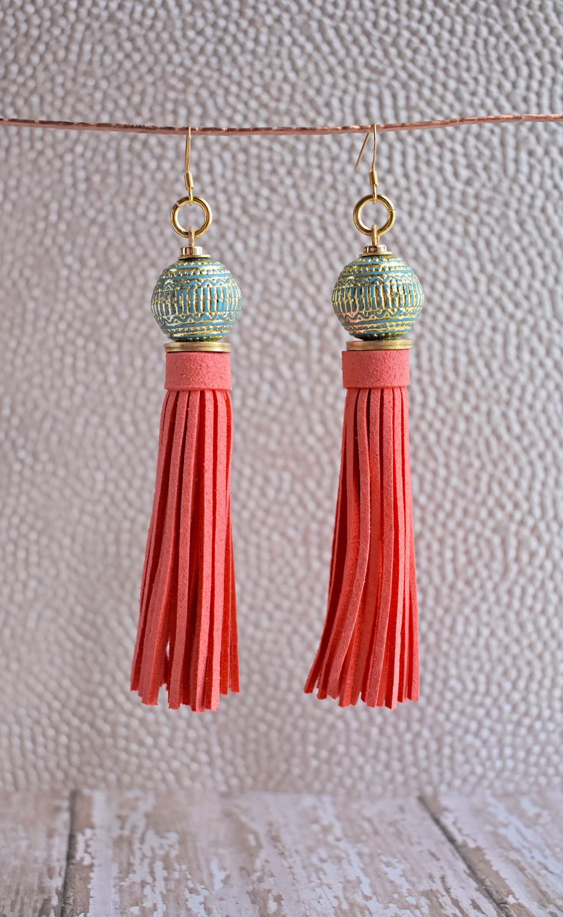 Tassel earring coral dangle earring wood pendant neon Etsy