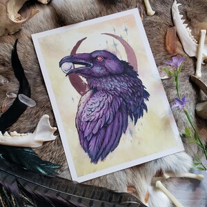 Watercolor Raven Study Hand Embellished Fine art print, gothic home decor, unusual artwork