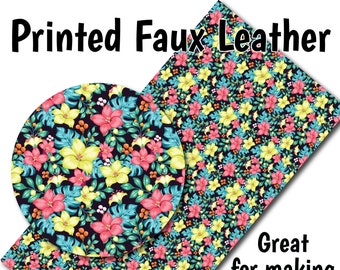 Tropical Flowers Faux Leather Sheet/Printed Faux Leather for Earrings/Leather Fabric for Bows/Leatherette Sheets/Synthetic Leather