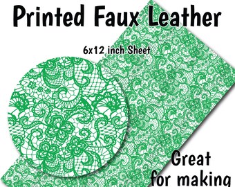 Green White Lace Faux Leather Sheet/Printed Faux Leather for Earrings/Leather Fabric for Bows/Leatherette Sheets/Synthetic Leather