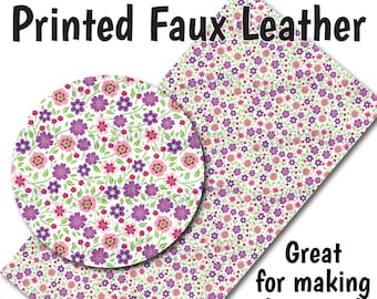 Pink Purple Floral/Printed Faux Leather for Earrings/Leather Fabric for Bows/Leatherette Sheets/Synthetic Leather