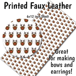 Cute Rudolph Faux Leather Sheet/Printed Faux Leather for Earrings/Leather Fabric for Bows/Leatherette Sheets/Synthetic Leather