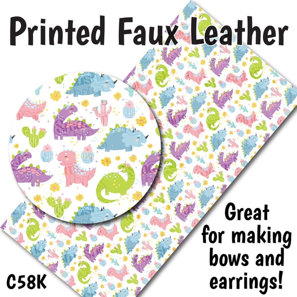 Pastel Dinosaurs/Printed Faux Leather for Earrings/Leather Fabric for Bows/Leatherette Sheets/Synthetic Leather