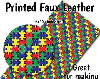 Puzzle Piece Autism Faux Leather Sheet/Printed Faux Leather for Earrings/Leather Fabric for Bows/Leatherette Sheets/Synthetic Leather