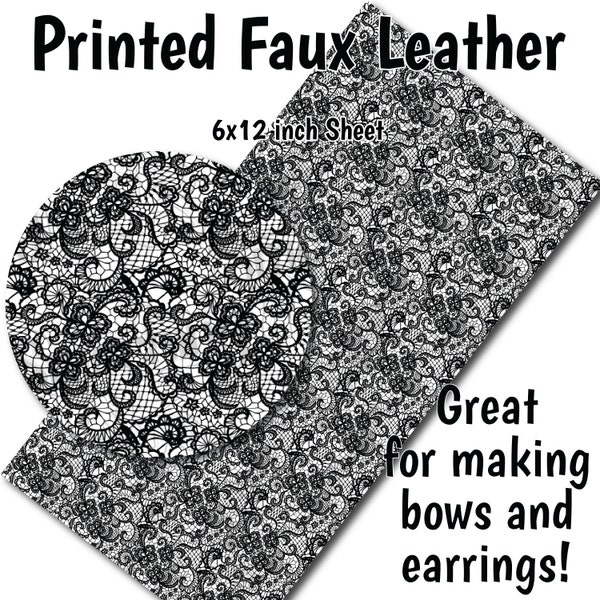 Black White Lace Pattern Faux Leather Sheet/Printed Faux Leather for Earrings/Leather Fabric for Bows/Leatherette Sheets/Synthetic Leather